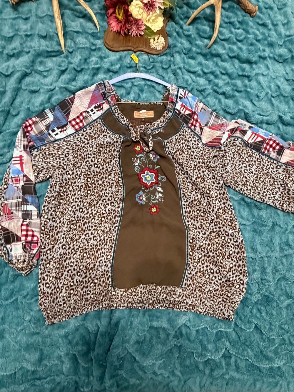 Double D Ranch 2X Leopard Floral Embroidered Western Boho Blouse